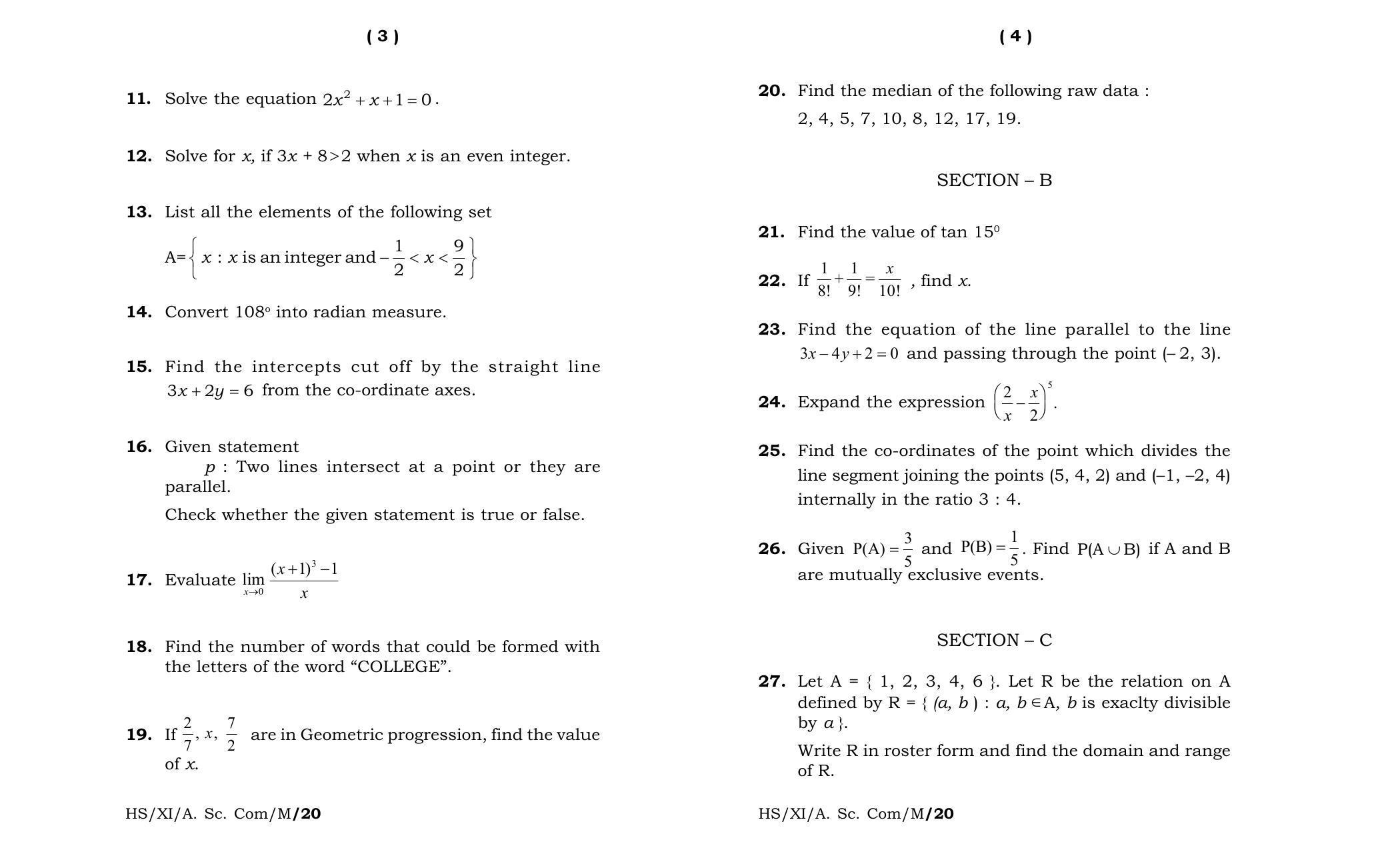 Meghalaya Board (MBOSE) Class 11 Mathematics 2020 Question Paper - Page 2