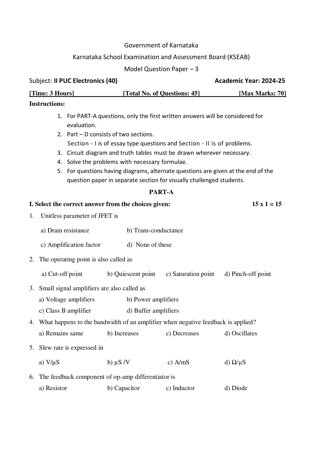 Karnataka II PUC Electronics Model Question Paper III 2025 - Page 1