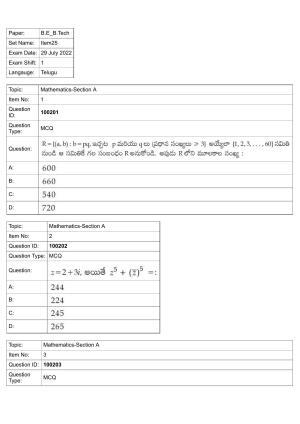 JEE Mains 2022: BTech Telugu (Shift 1) 29-07-2022 Question Paper