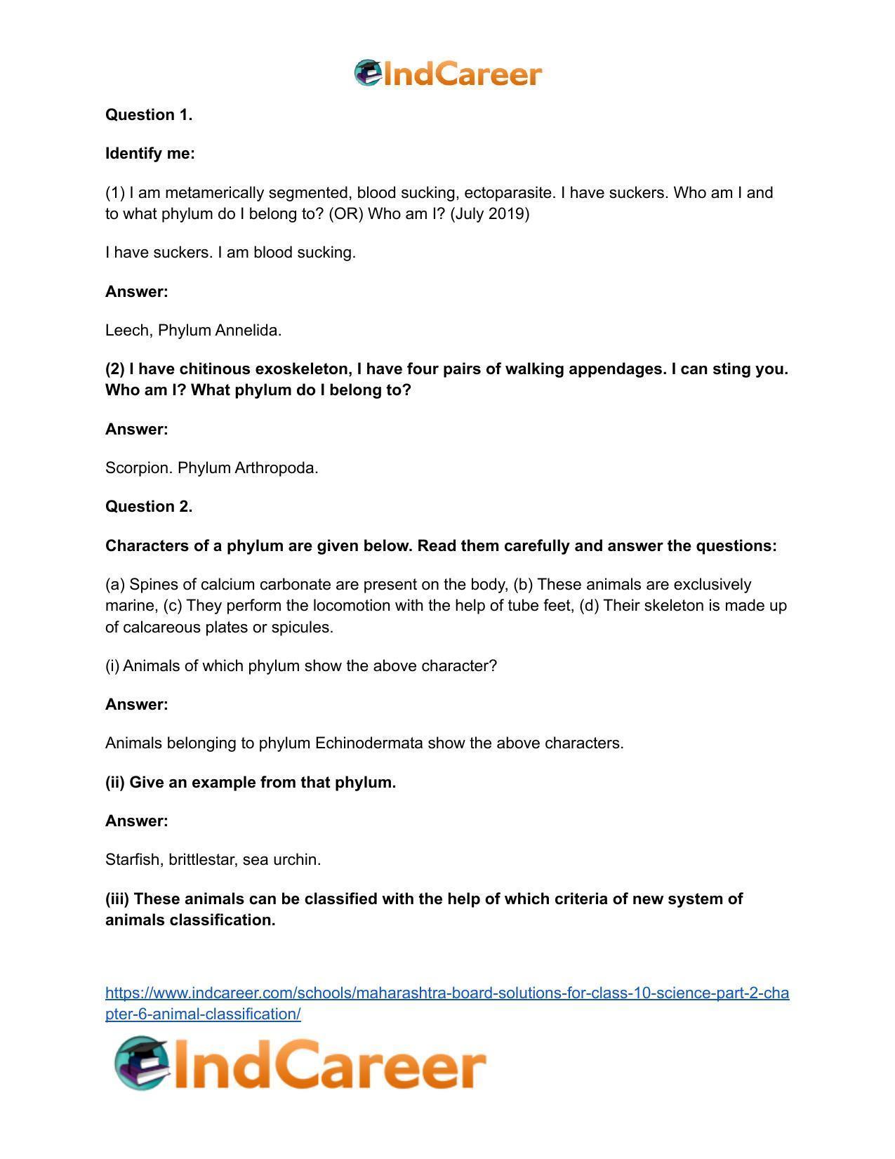 Maharashtra Board Solutions for Class 10- Science (Part 2): Chapter 6- Animal Classification - Page 41