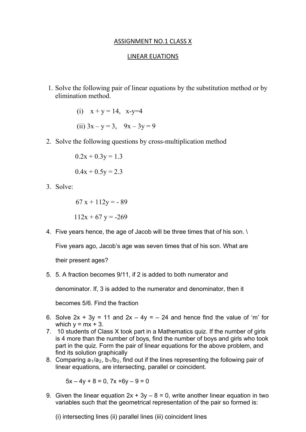 CBSE Worksheets for Class 10 Maths Linear Equations Assignment 3 - Page 1