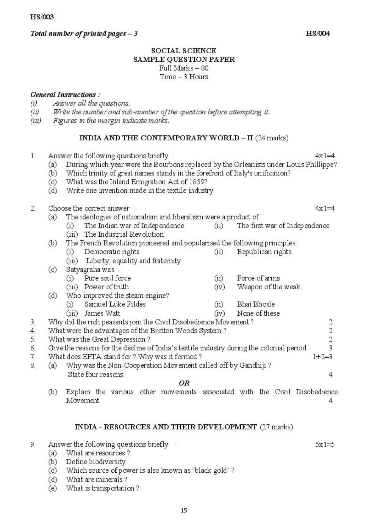 MBSE HSLC / Class 10 Social Science Sample Paper IndCareer Docs