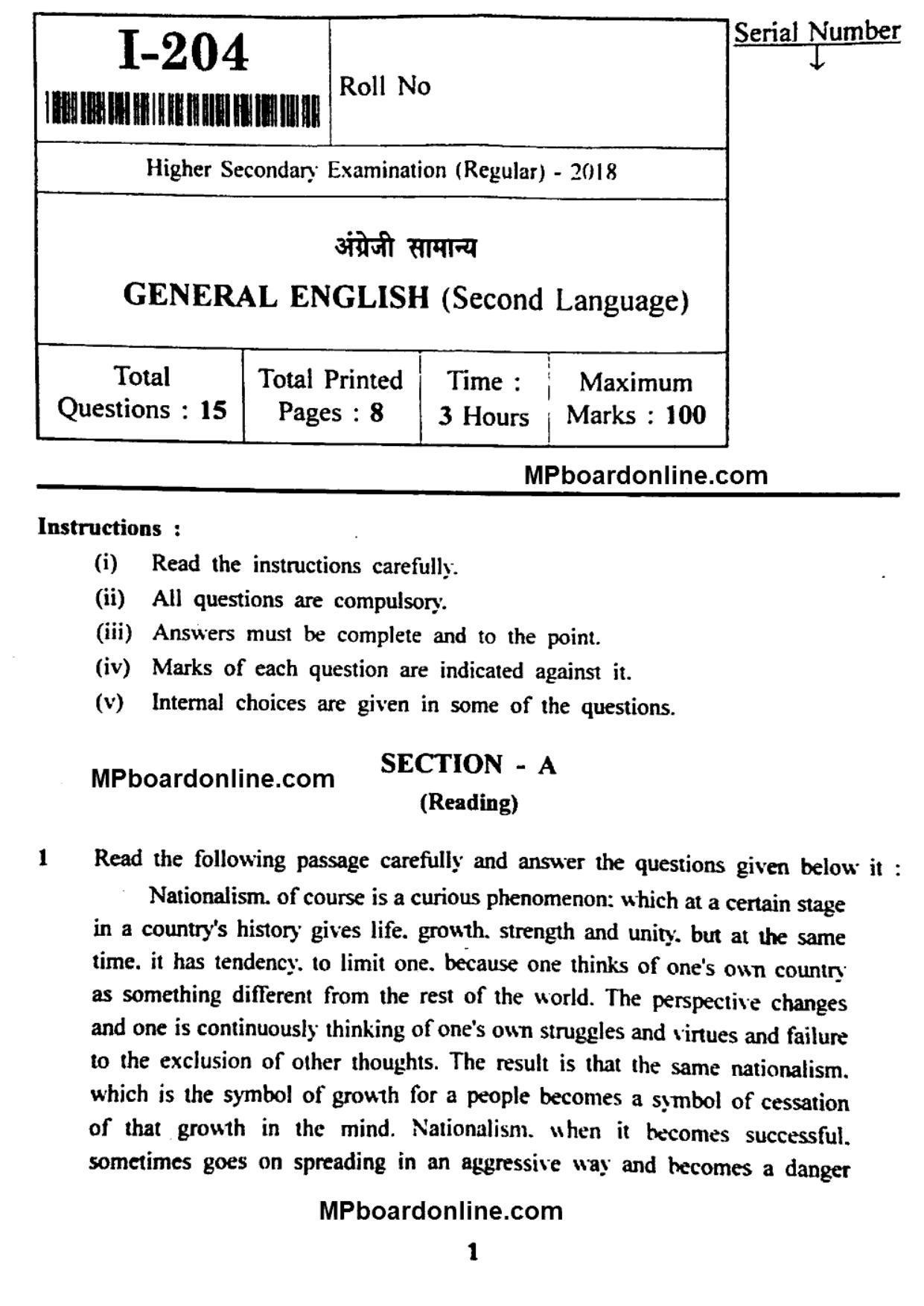 MP Board Class 12 English General 2018 Question Paper - Page 1