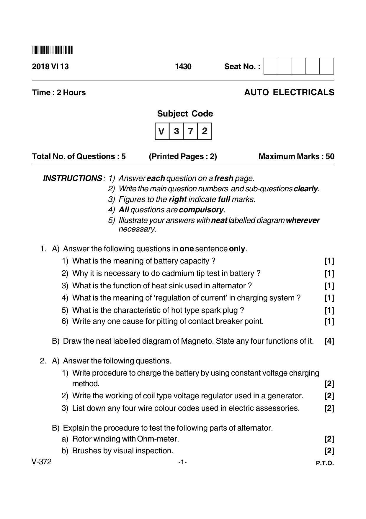 Goa Board Class 12 Auto Electricals Voc 372 (June 2018) Question Paper - Page 1