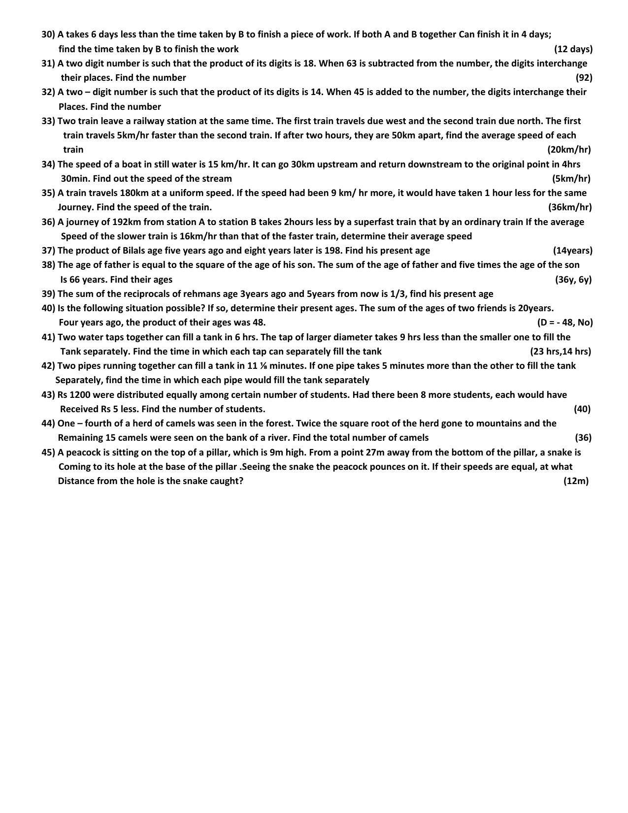 CBSE Worksheets for Class 10 Maths Quadratic Equation Assignment 6 - Page 2