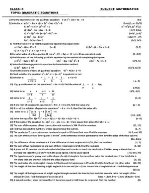 CBSE Worksheets for Class 10 Maths Quadratic Equation Assignment 6
