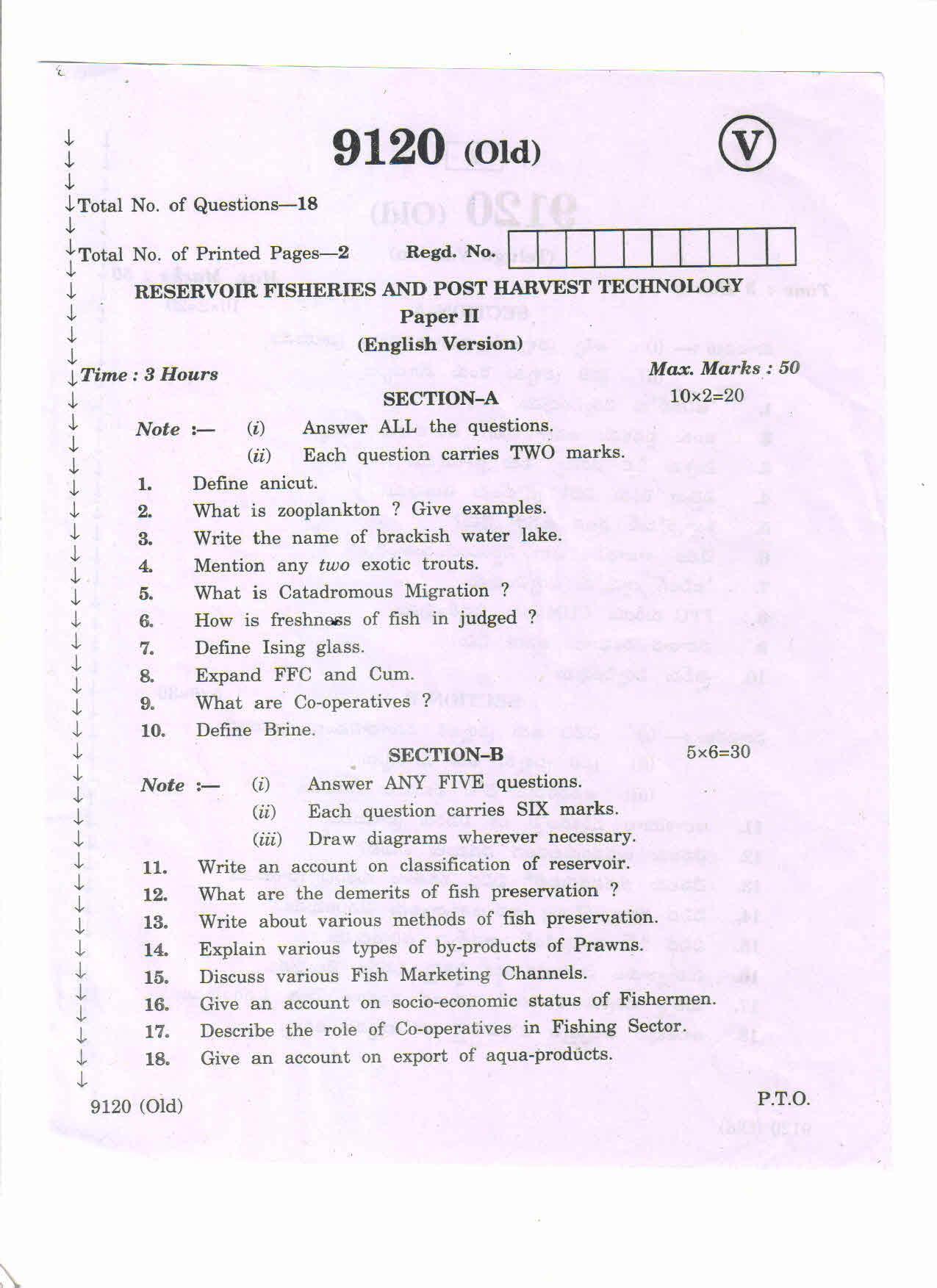 AP Inter 2nd Year Reservoir Fisheries and Post Harvest Technology-II (old) March-2020-Vocational Question Paper - Page 1