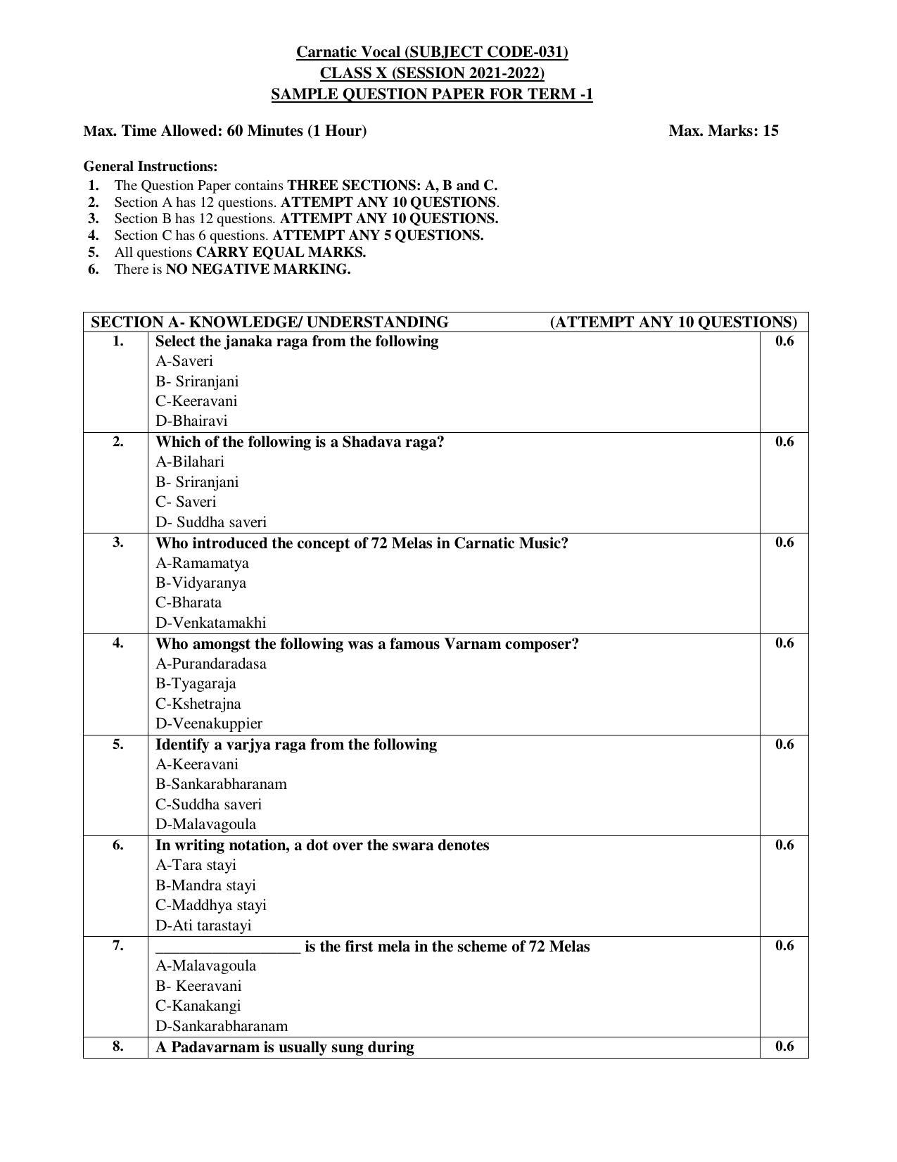 CBSE Class 10 Carnatic Music Vocal Sample Paper 2021-22 - Page 1