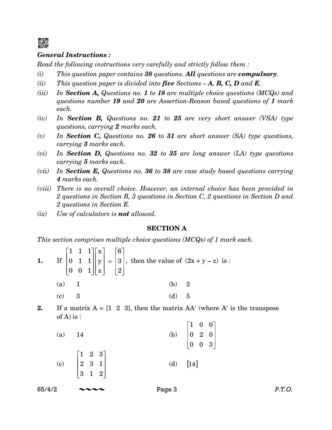 CBSE Class 12 65-4-2 MATHEMATICS 2023 Question Paper - Page 3