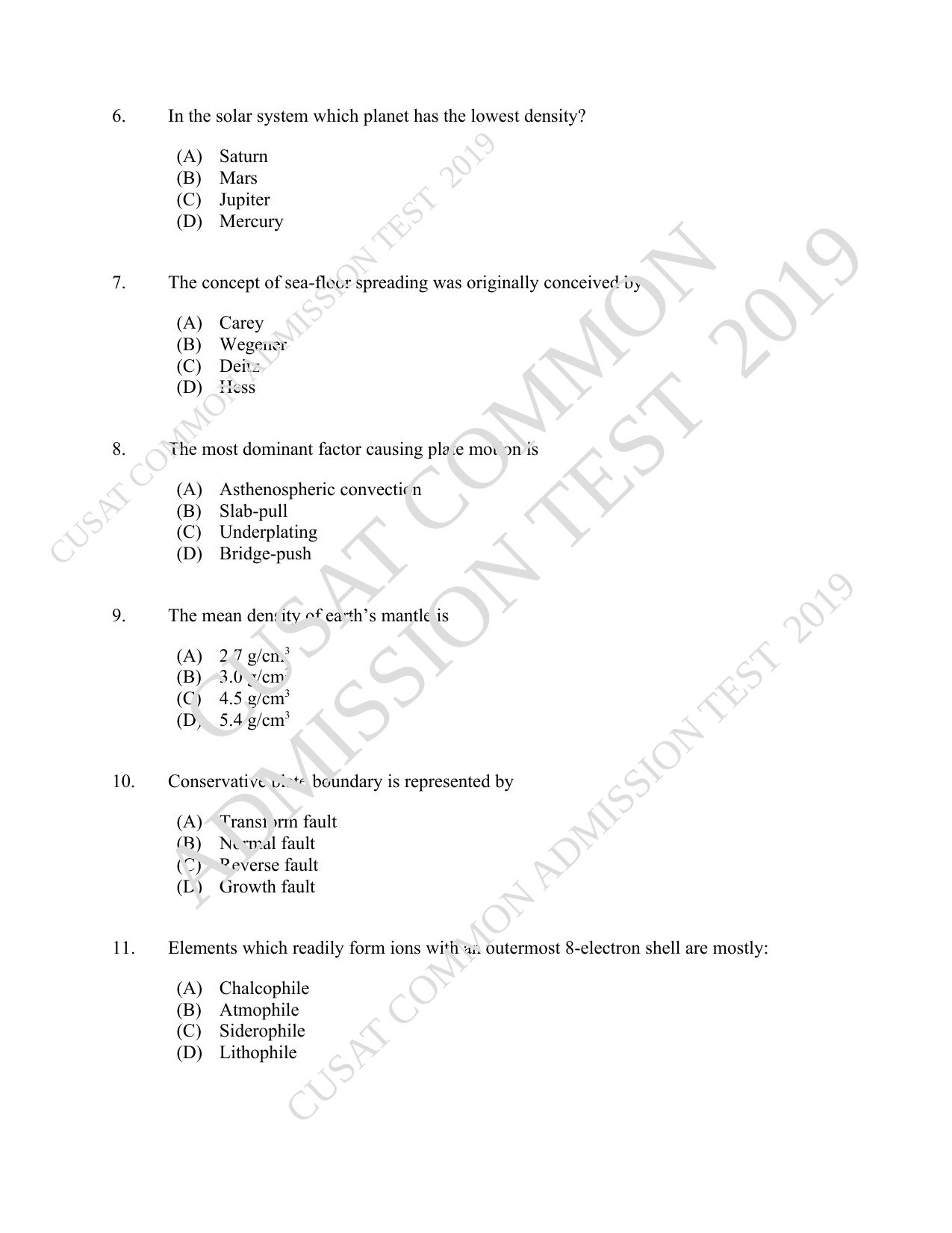 CUSAT CAT 2019 Geology Question Paper With Answer Key - Page 2