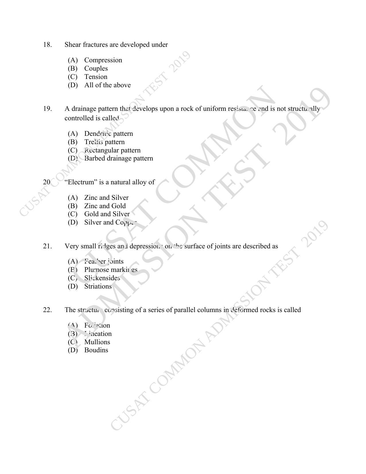 CUSAT CAT 2019 Geology Question Paper With Answer Key - Page 4
