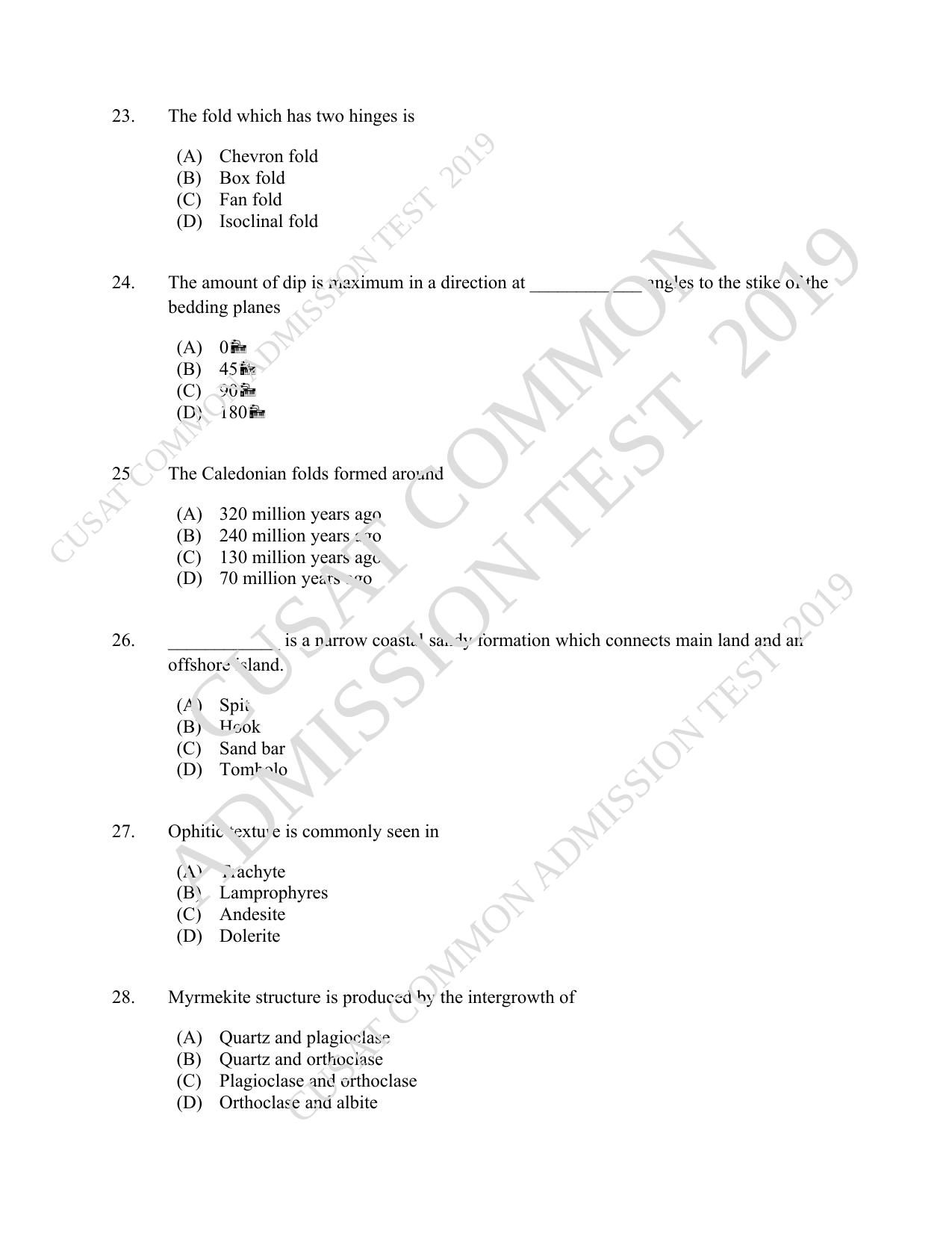 CUSAT CAT 2019 Geology Question Paper With Answer Key - Page 5