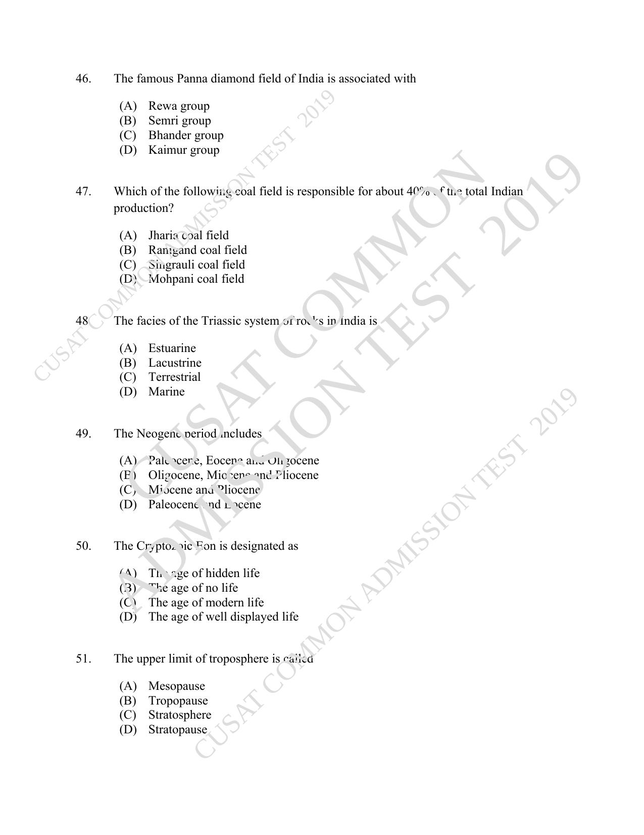 CUSAT CAT 2019 Geology Question Paper With Answer Key - Page 9