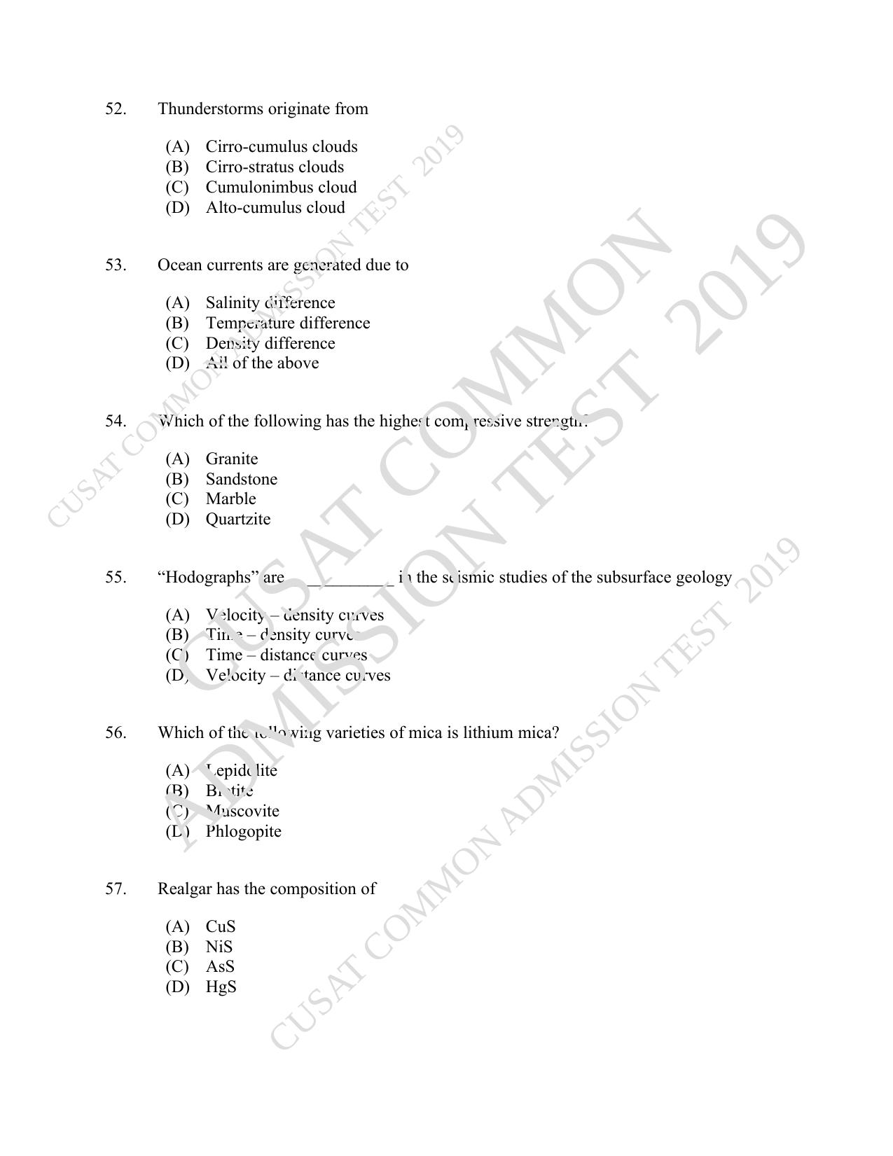 CUSAT CAT 2019 Geology Question Paper With Answer Key - Page 10