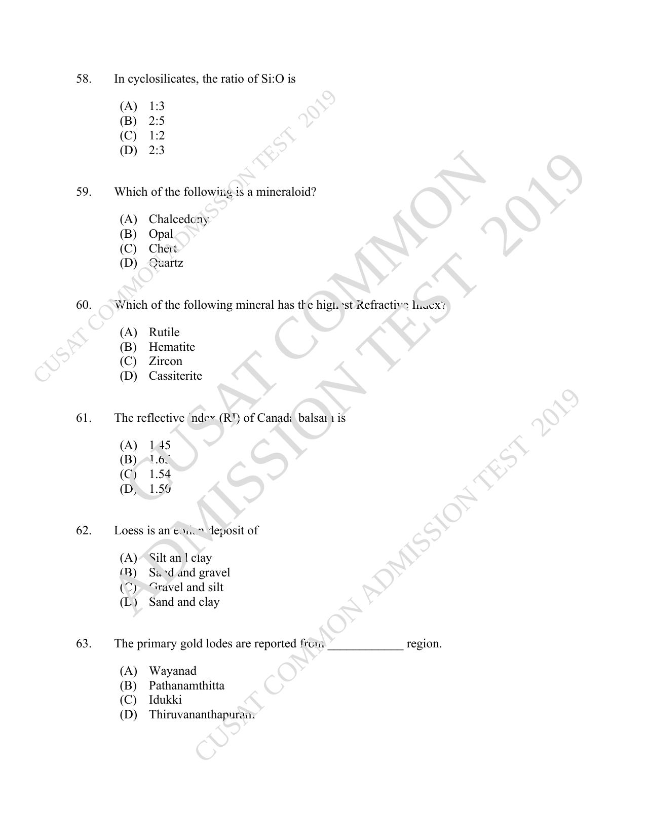 CUSAT CAT 2019 Geology Question Paper With Answer Key - Page 11