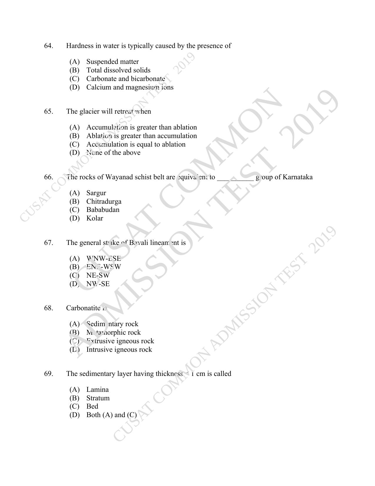 CUSAT CAT 2019 Geology Question Paper With Answer Key - Page 12