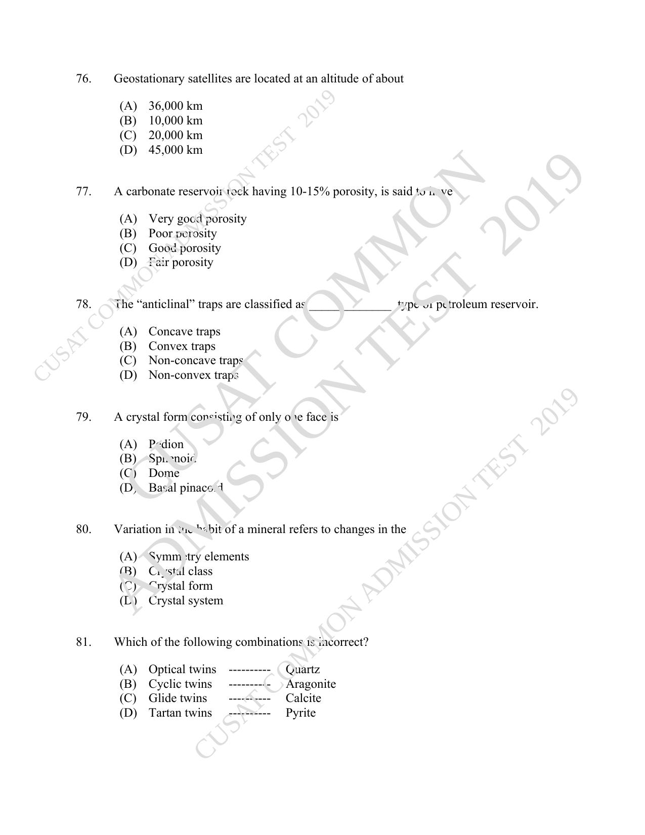 CUSAT CAT 2019 Geology Question Paper With Answer Key - Page 14