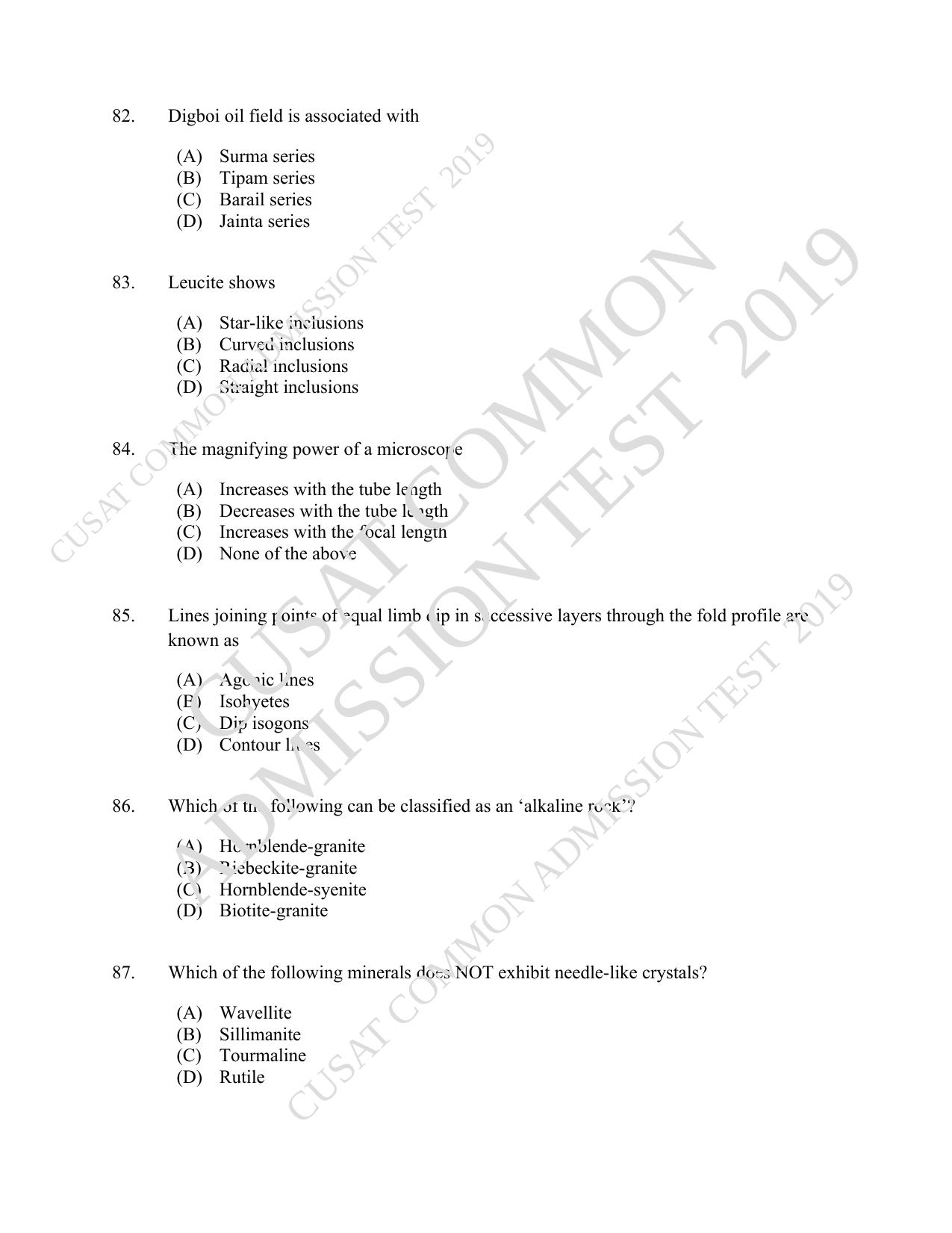 CUSAT CAT 2019 Geology Question Paper With Answer Key - Page 15