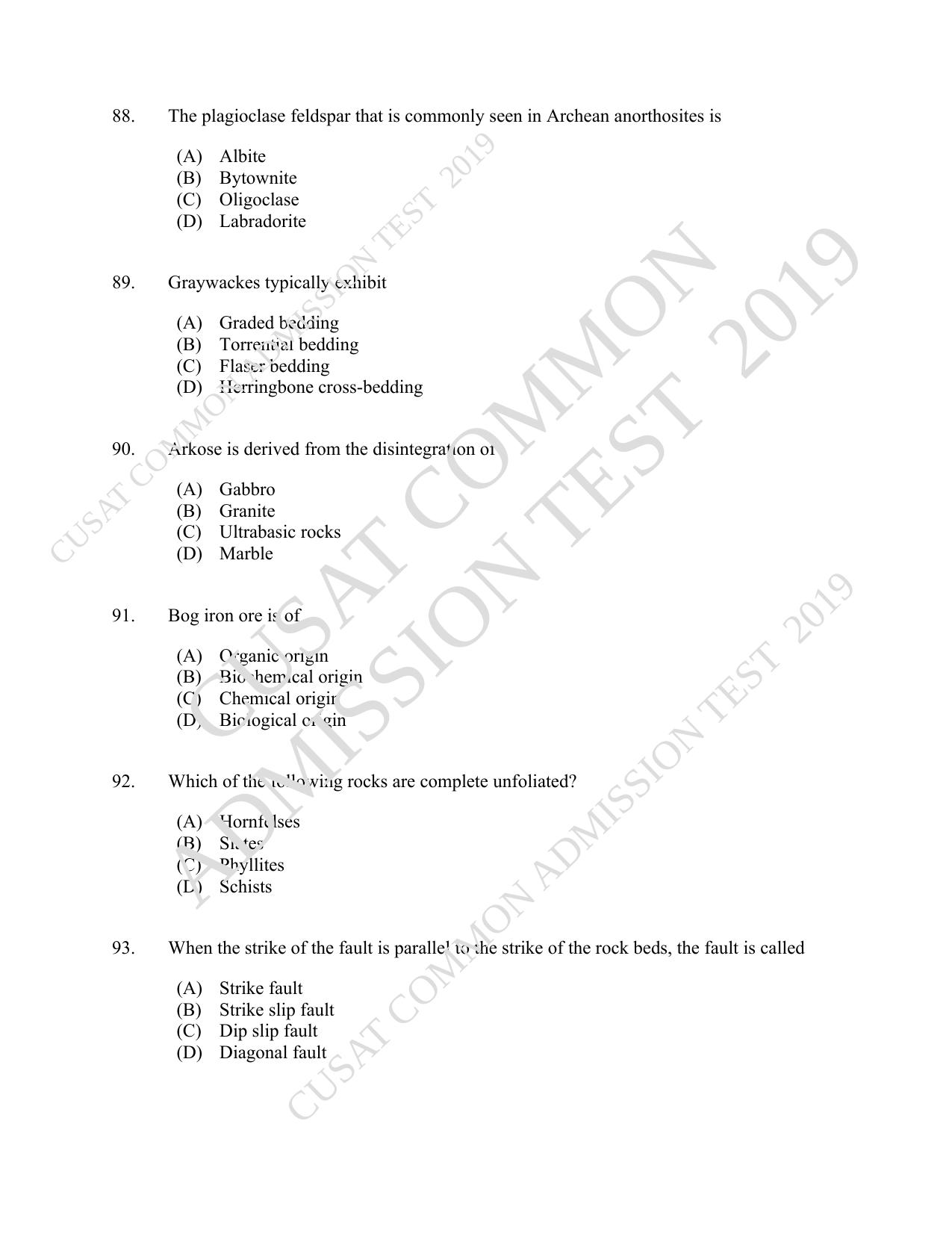 CUSAT CAT 2019 Geology Question Paper With Answer Key - Page 16