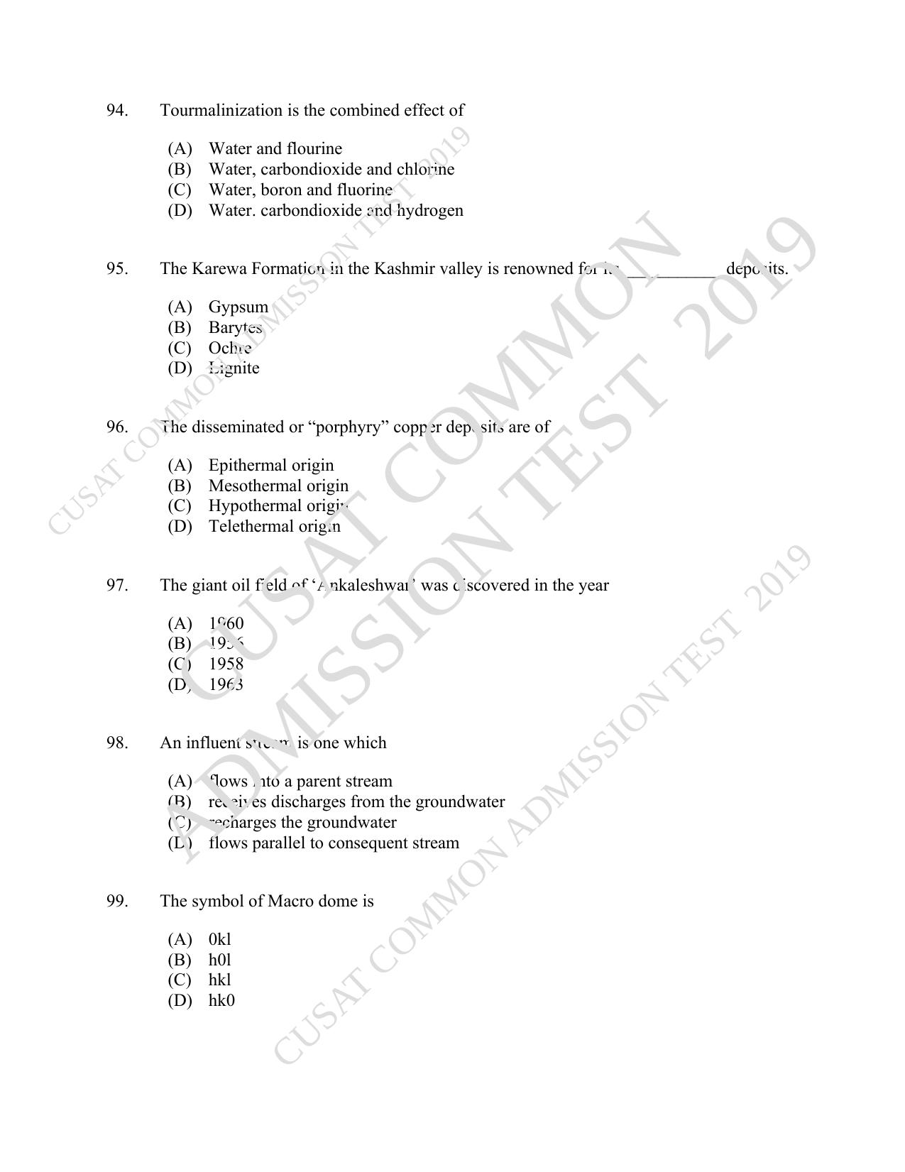 CUSAT CAT 2019 Geology Question Paper With Answer Key - Page 17