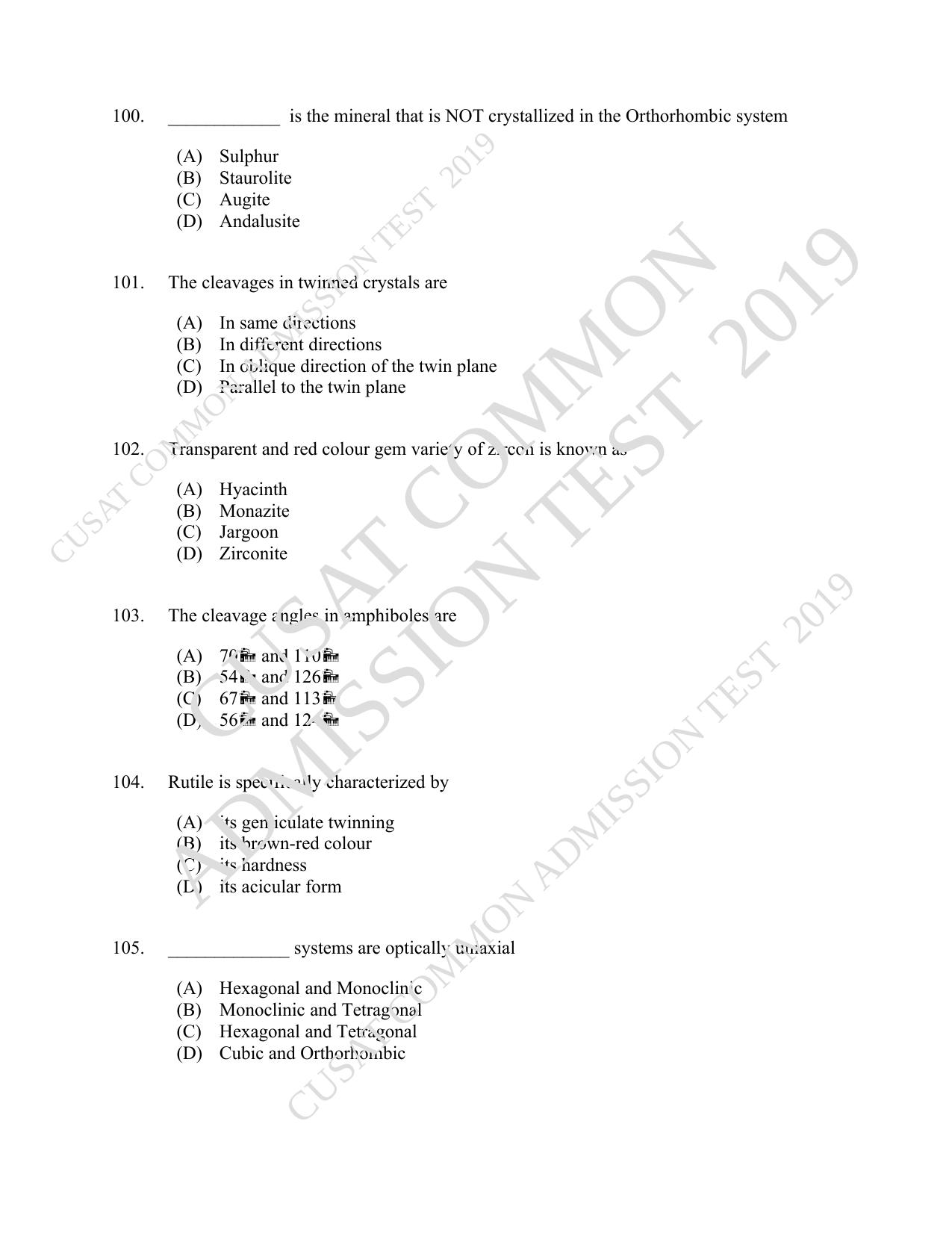 CUSAT CAT 2019 Geology Question Paper With Answer Key - Page 18