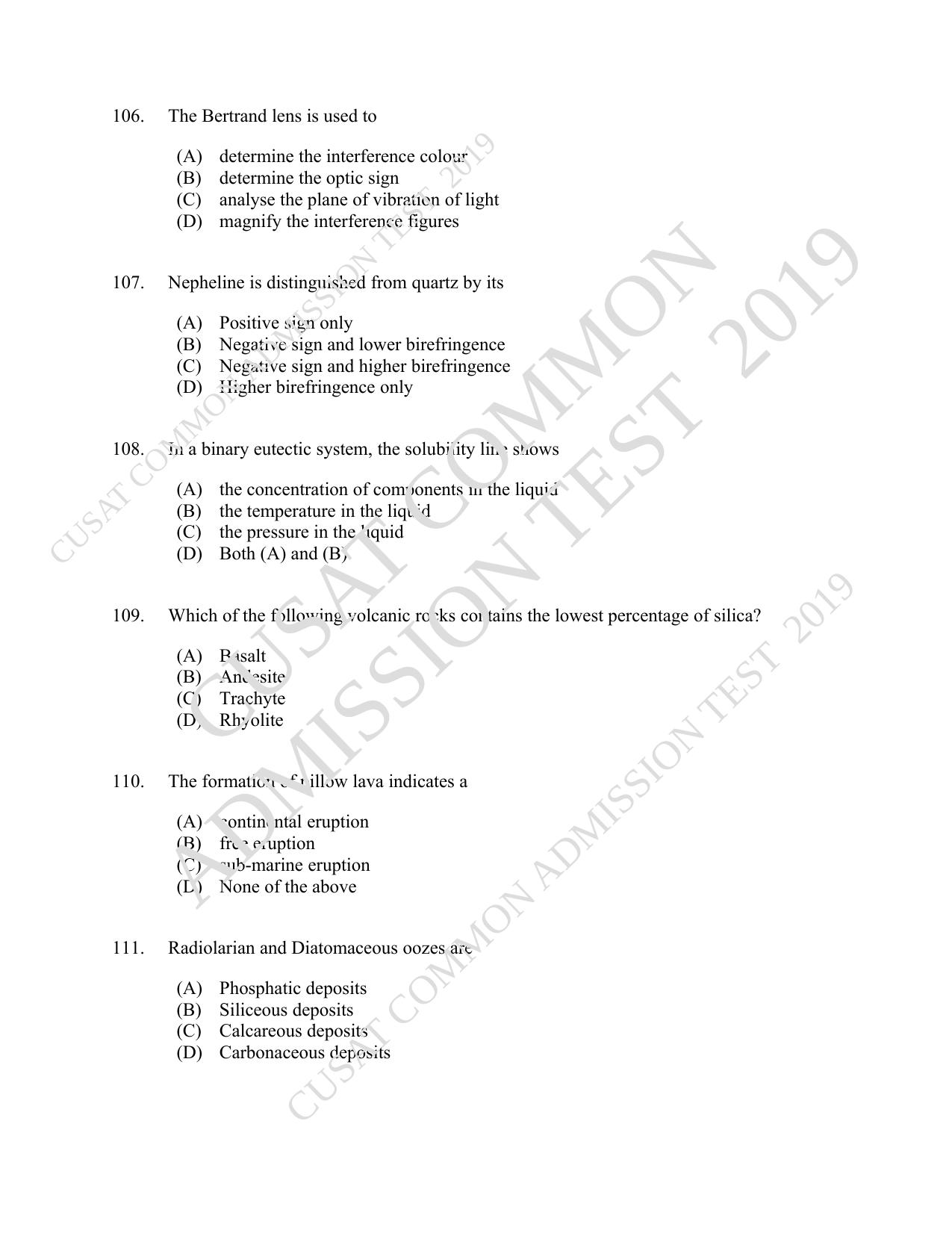 CUSAT CAT 2019 Geology Question Paper With Answer Key - Page 19