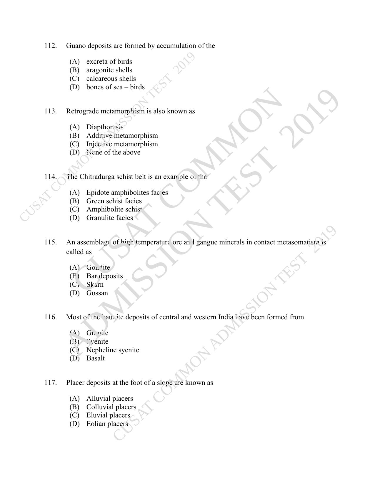 CUSAT CAT 2019 Geology Question Paper With Answer Key - Page 20