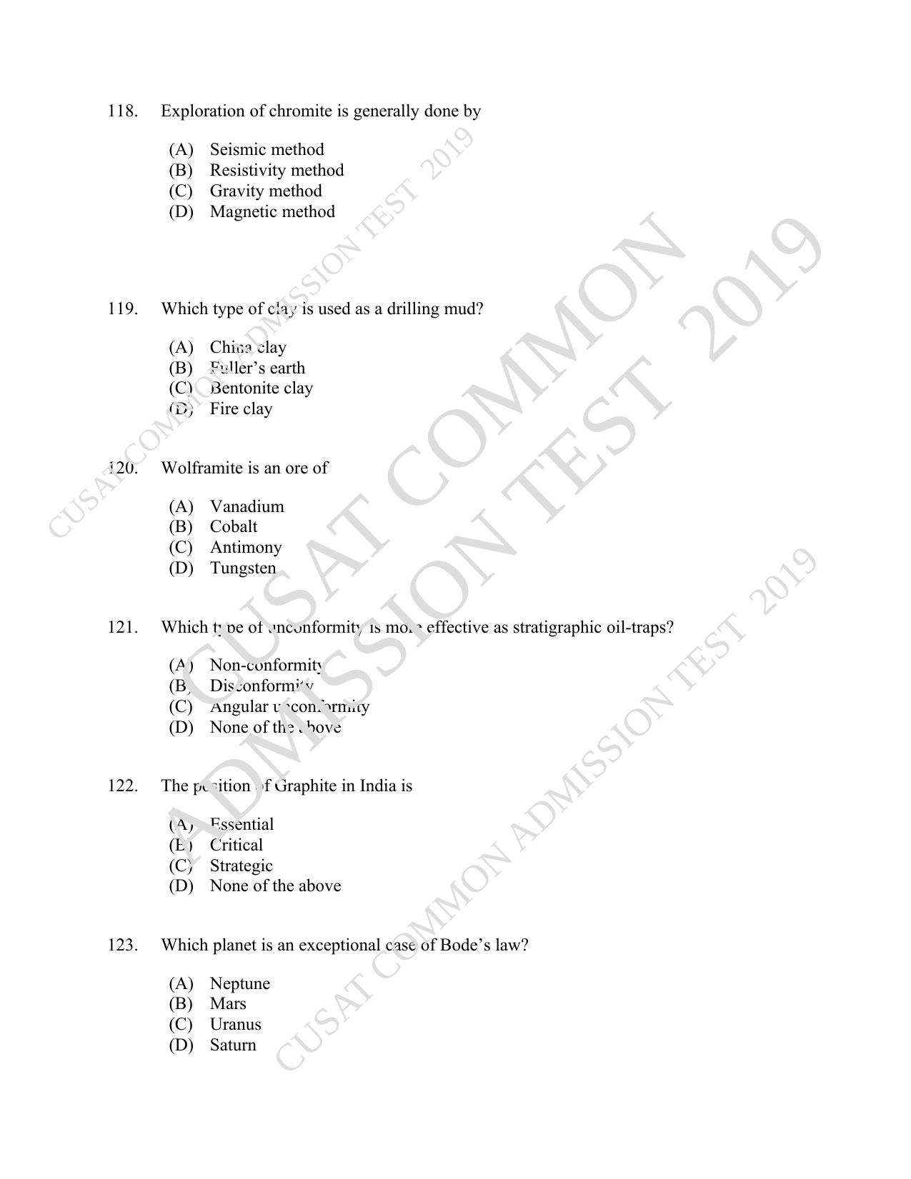 CUSAT CAT 2019 Geology Question Paper With Answer Key - Page 21