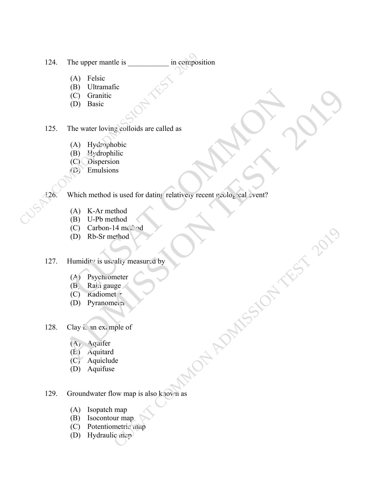 CUSAT CAT 2019 Geology Question Paper With Answer Key - Page 22