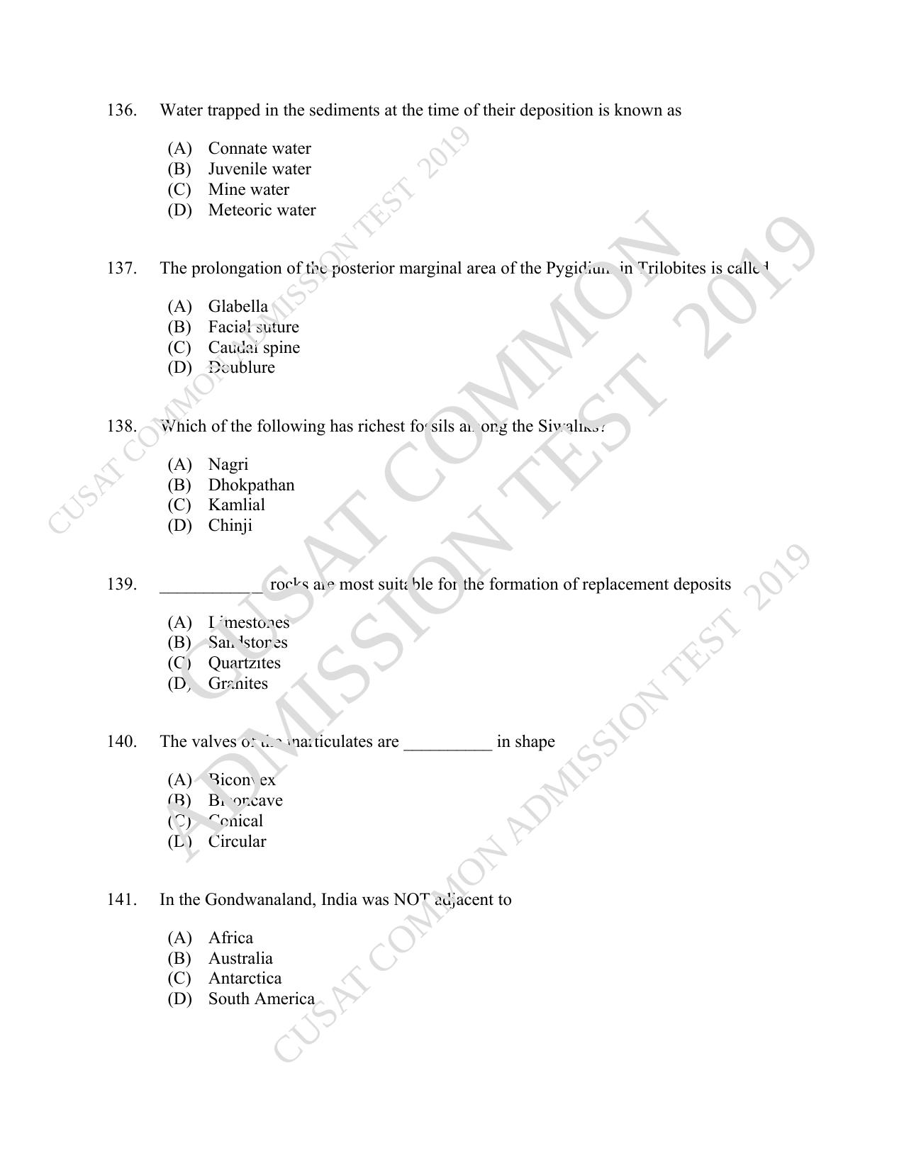 CUSAT CAT 2019 Geology Question Paper With Answer Key - Page 24