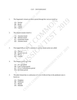 CUSAT CAT 2019 Geology Question Paper With Answer Key