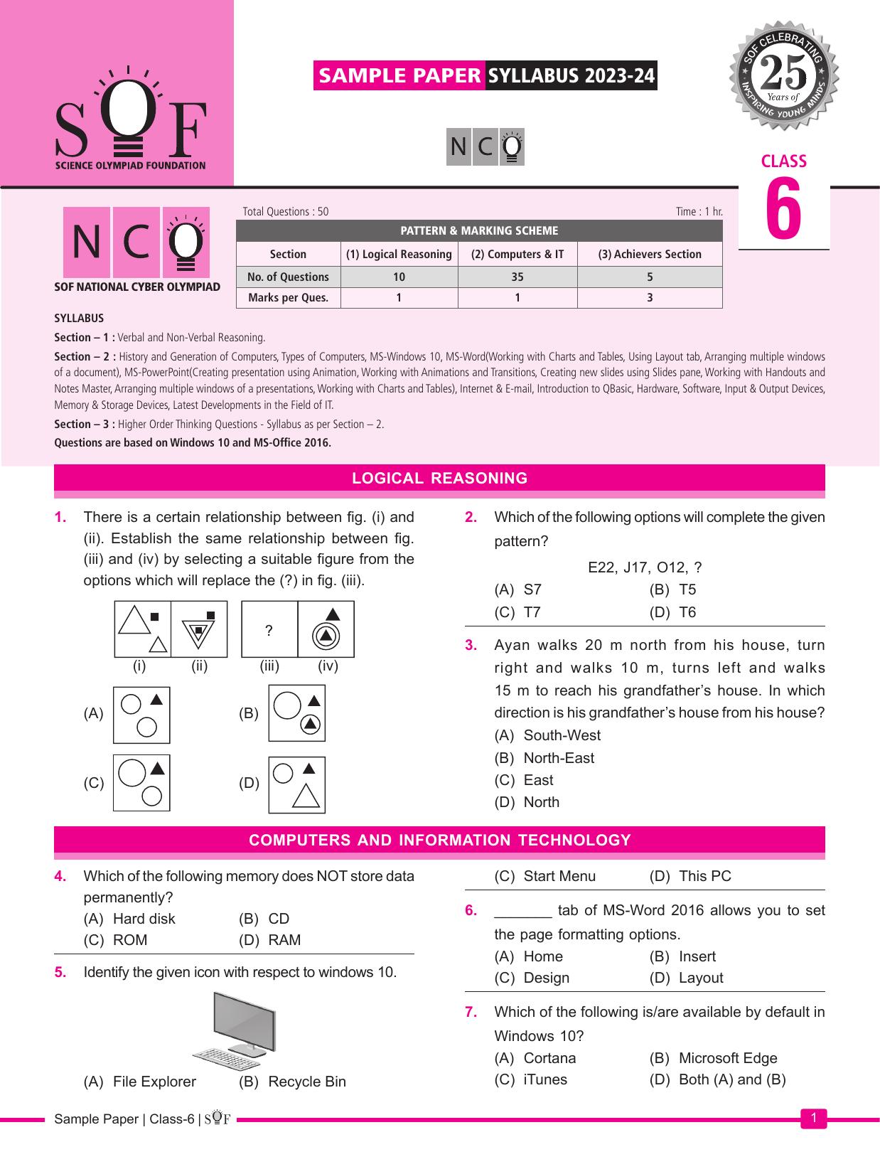 SOF NCO 2024 Class 6 Sample Paper - Page 1