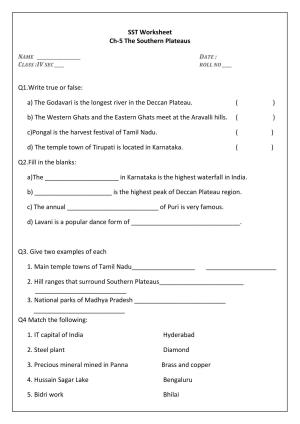 Worksheet for Class 4 Social Science The Southern Plateaus Assignment 2