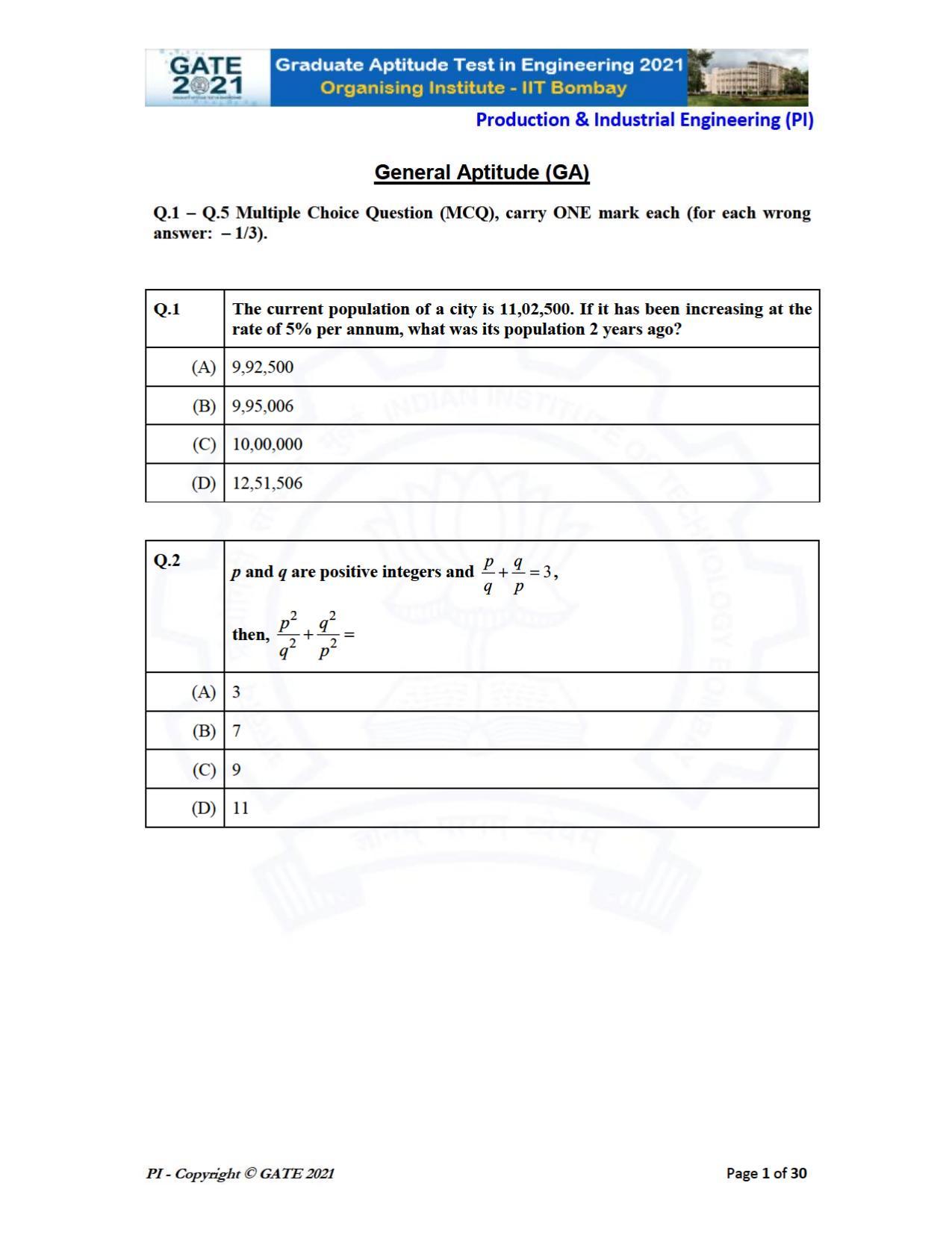 GATE 2021 Production & Industrial Engineering (PI) Question Paper - Page 1