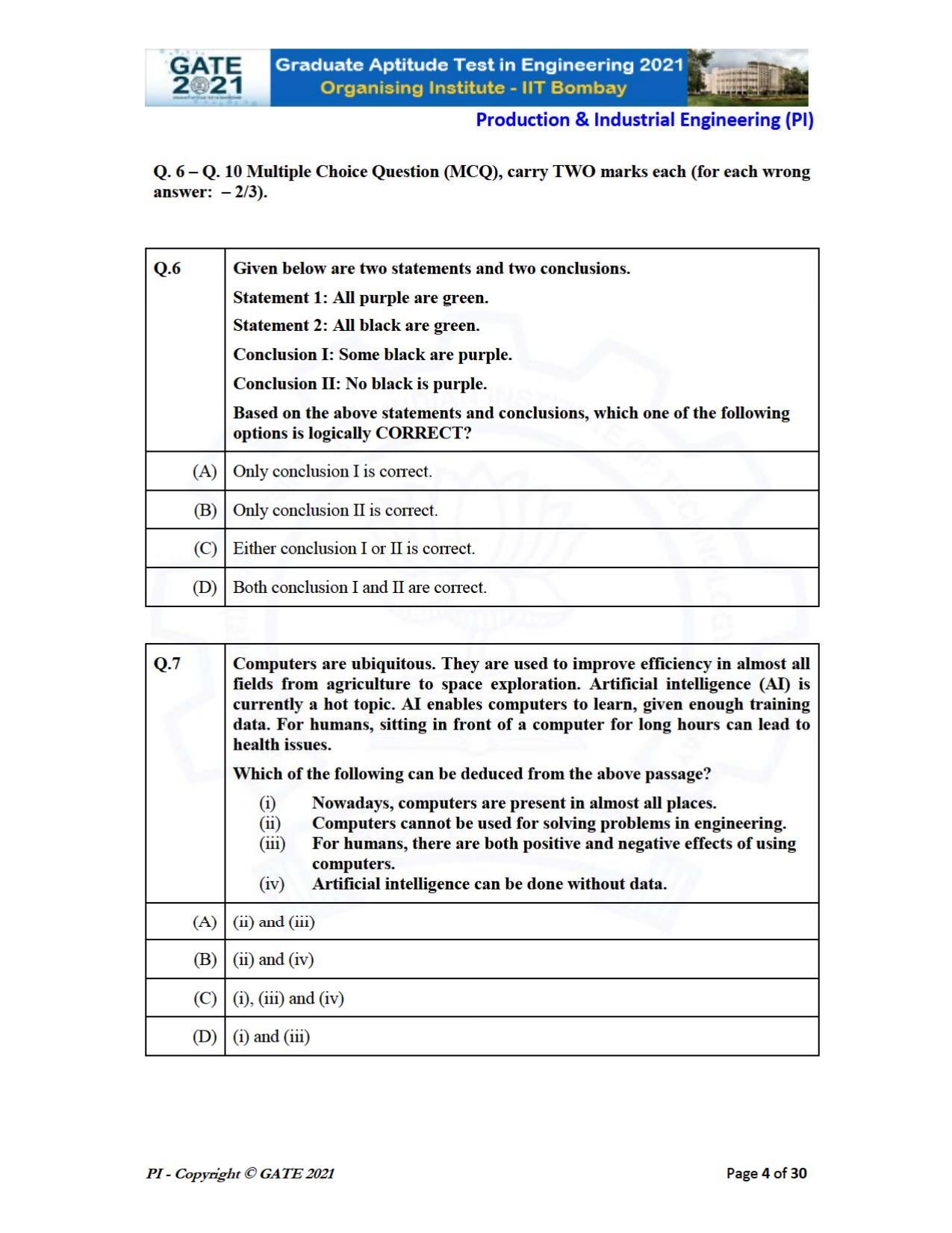 GATE 2021 Production & Industrial Engineering (PI) Question Paper - Page 4