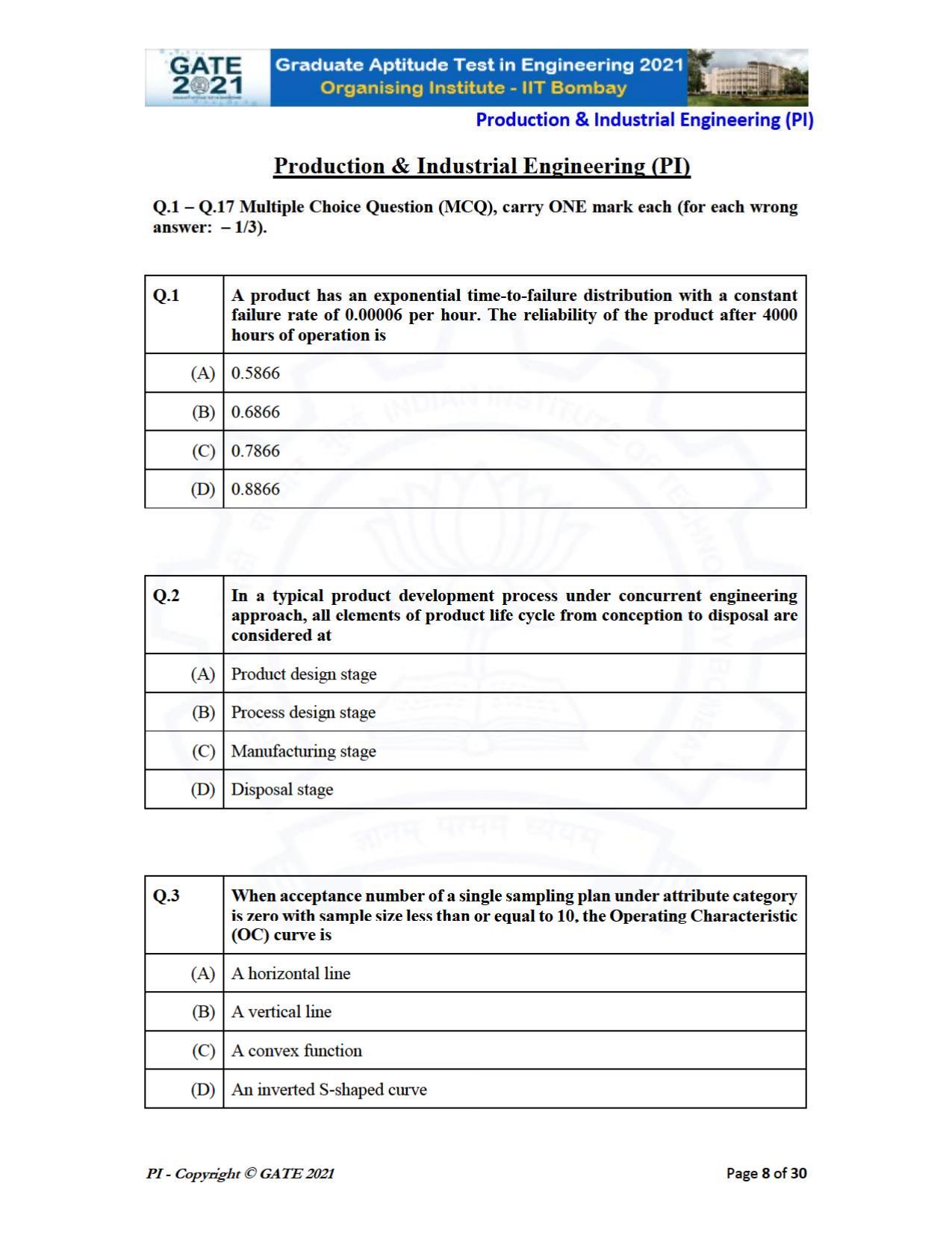 GATE 2021 Production & Industrial Engineering (PI) Question Paper - Page 8