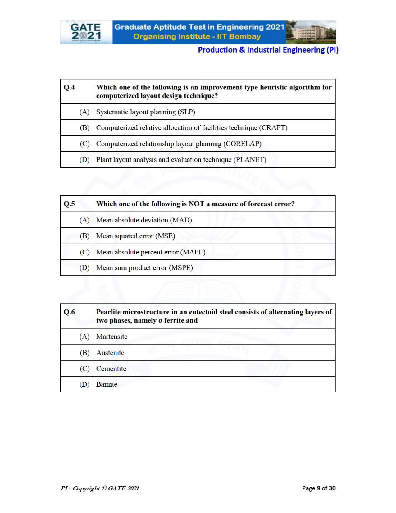 GATE 2021 Production & Industrial Engineering (PI) Question Paper - Page 9