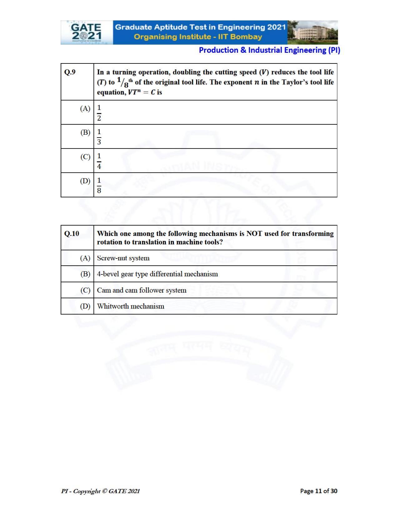 GATE 2021 Production & Industrial Engineering (PI) Question Paper - Page 11