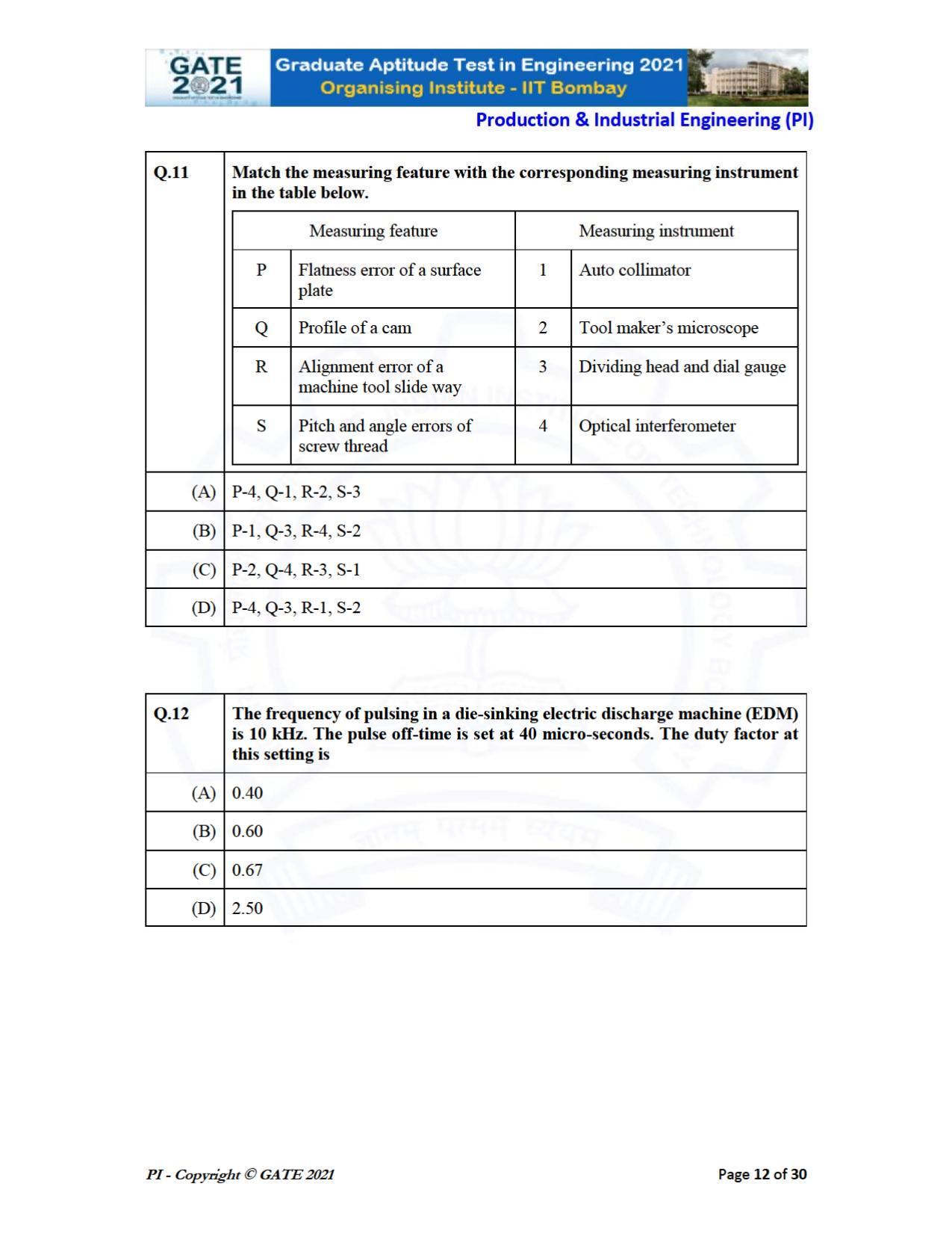 GATE 2021 Production & Industrial Engineering (PI) Question Paper - Page 12