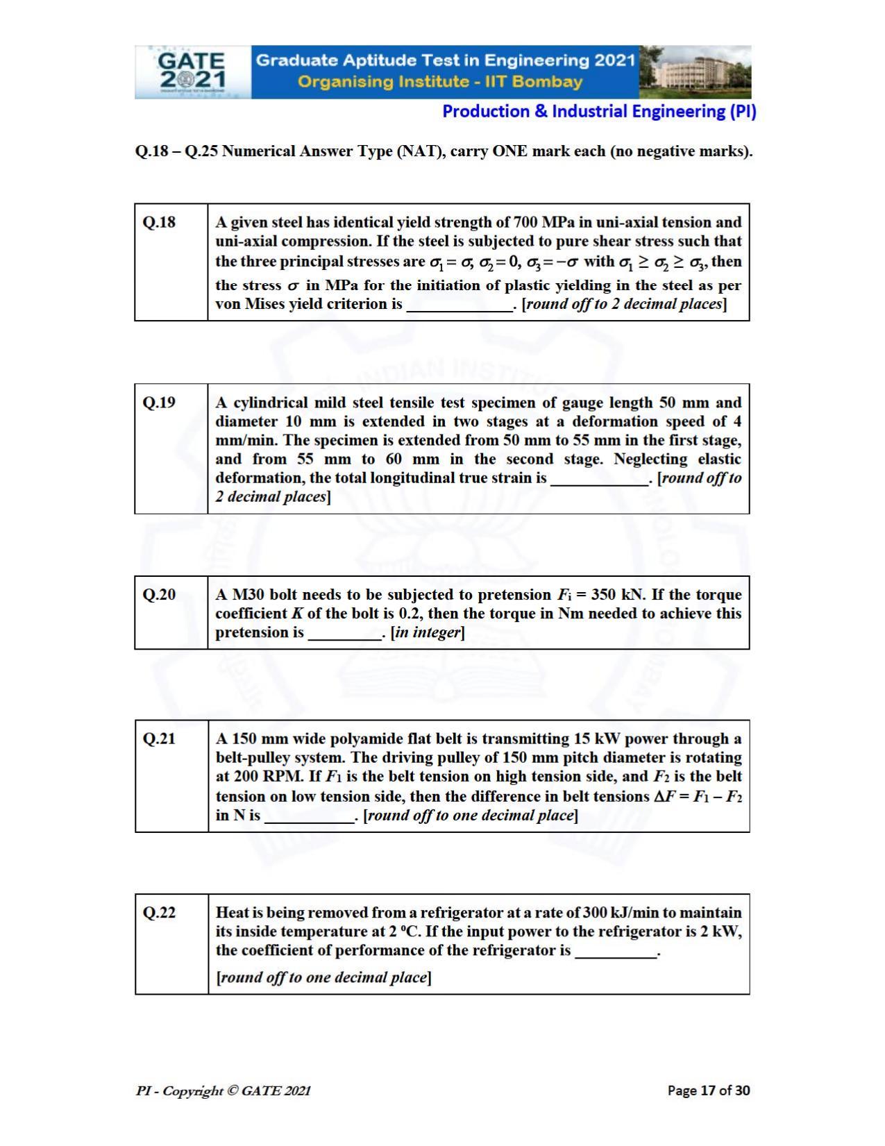 GATE 2021 Production & Industrial Engineering (PI) Question Paper - Page 17