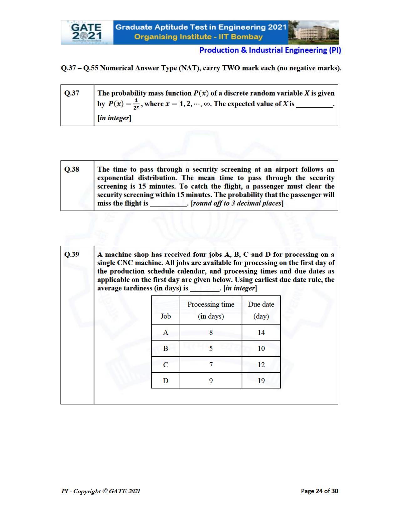 GATE 2021 Production & Industrial Engineering (PI) Question Paper - Page 24