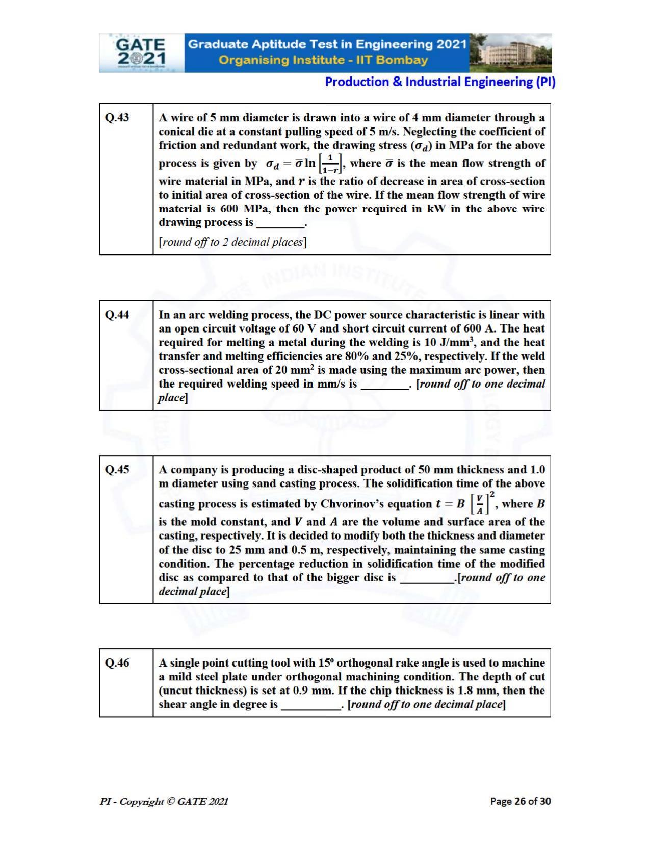 GATE 2021 Production & Industrial Engineering (PI) Question Paper - Page 26