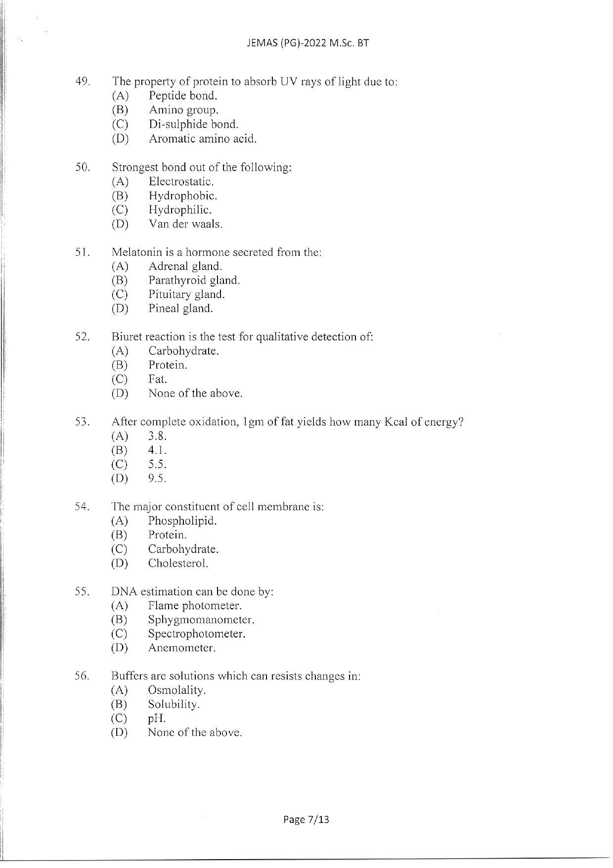 WBJEEB JEMAS (PG) 2022 MSc BT Question Paper - Page 9