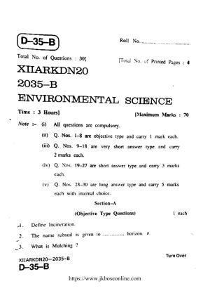 JKBOSE Class 12 Environmental-Science 2035-B Question Papers 2020