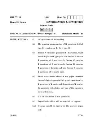 Goa Board Class 12 Mathematics & Statistics (June 2019) Question Paper