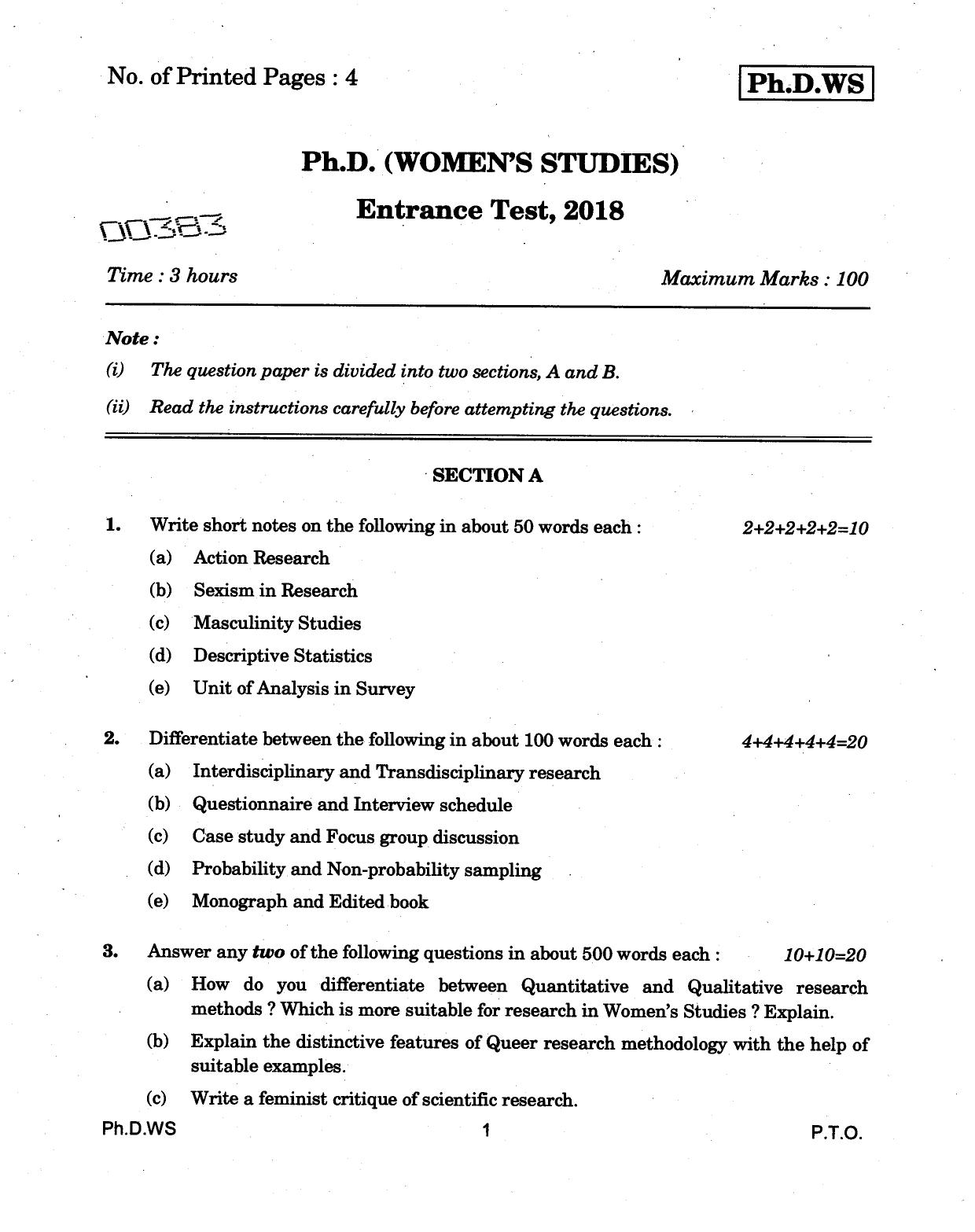 IGNOU PhD Entrance Test Ph.D (Women's Studies) 2018 Question Paper - Page 1