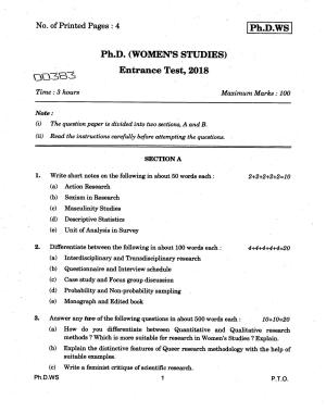 IGNOU PhD Entrance Test Ph.D (Women's Studies) 2018 Question Paper