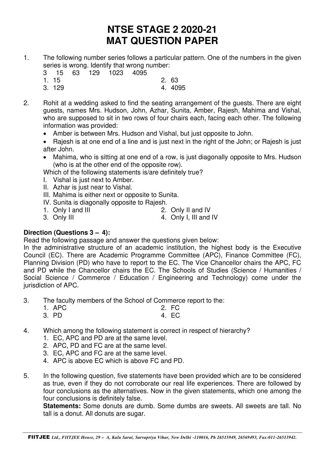 NTSE 2020-21 (Stage II) MAT Paper with Solution (FITJEE) - Page 1