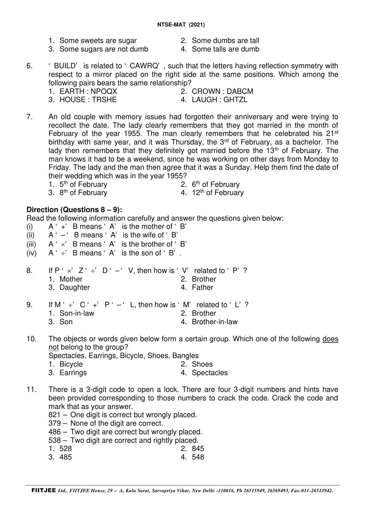 NTSE 2020-21 (Stage II) MAT Paper with Solution (FITJEE) - Page 2