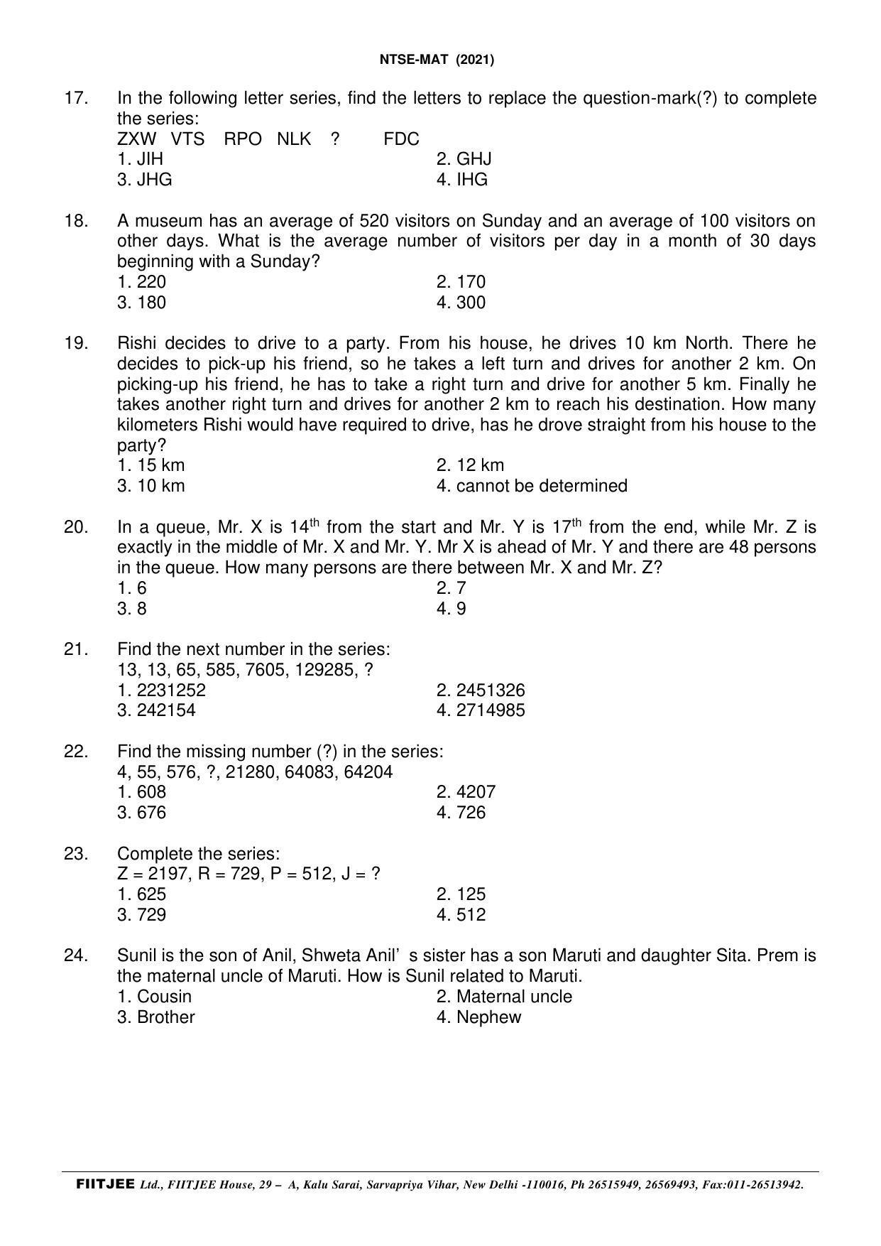 NTSE 2020-21 (Stage II) MAT Paper with Solution (FITJEE) - Page 4